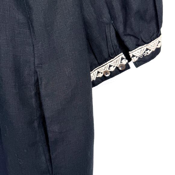 Garnet Hill Artist Smock Dress Womens L Black Linen Embroidered Boho Pockets - Picture 7 of 11